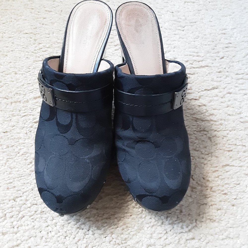 Coach Ivy Mules High Heel Sig C Print Black Clogs